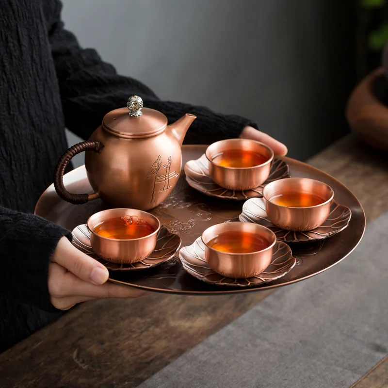 Detian small copper kettle home teapot kung fu tea ceremony health brewing teapot vintage copper tea tray copper teacup set