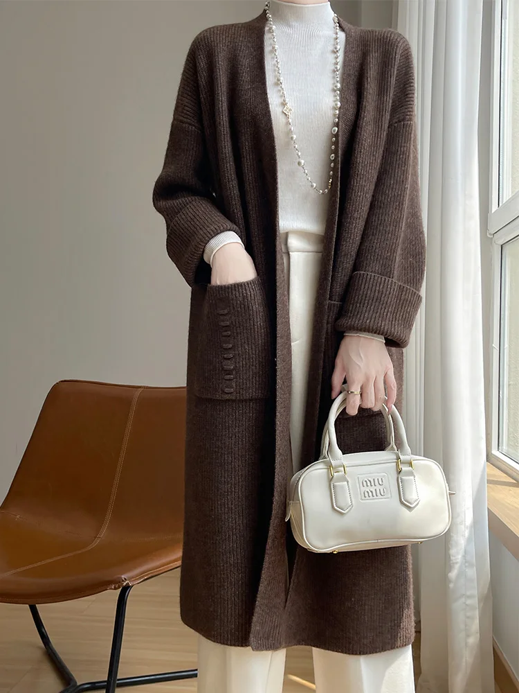 

100% Merino Wool Sweater Long Cardigan Women's Loose Jacquard Thick Autumn Winter Knitwear Soft Cashmere Korean Popular Clothes