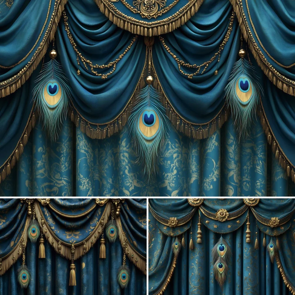 Peacock Feather Teal Curtain Backdrop Vintage Luxury Blue Gold Drape Photography Background Props For Portrait Studio Photoshoot