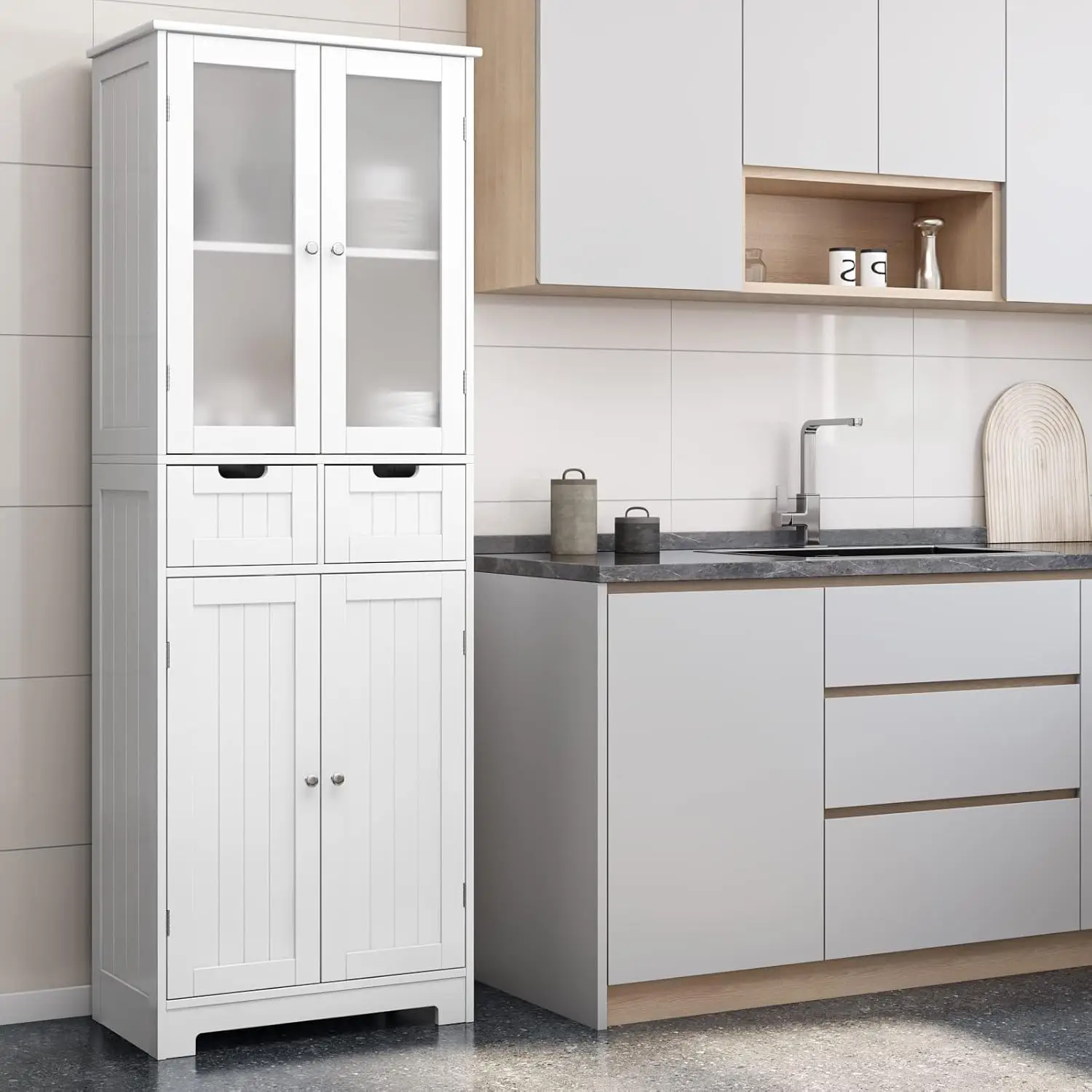 Armoire de rangement haute de 67 po, garde-manger autoportant avec porte en verre et étagères, armoire en lin avec 2 portes de proximité pour véhicules