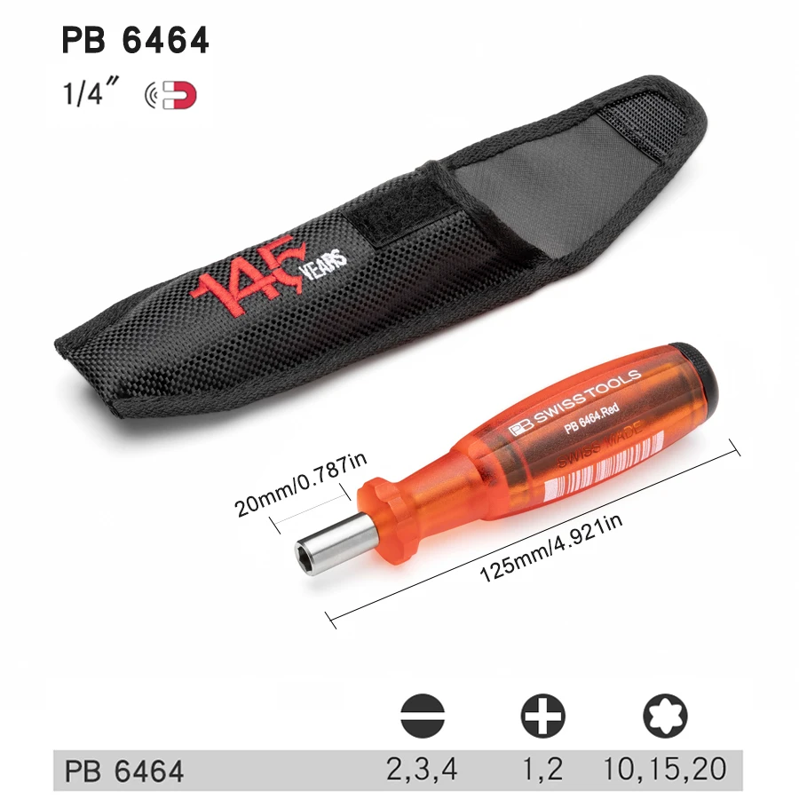 PB SWISS TOOLS Screwdriver with Integrated Bit 8 Precision Bits C6 Suitable for Phillips and Slottded Screws NO.6464 RE145Y