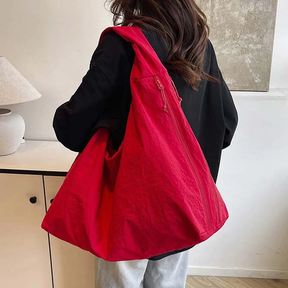 

Casual Nylon Shoulder Bag Multi-Pocket Double Zipper Design Versatile Commuting Handbag Solid Color Japanese Style