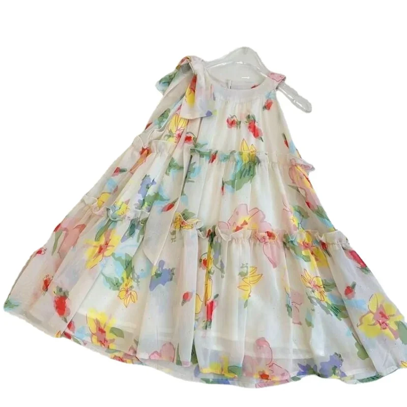 Summer Children\'s Floral Chiffon Beach Dress Floral Fashion Children\'s Clothing Holiday Dress Girl 2-10 Years Old Kids Clothes