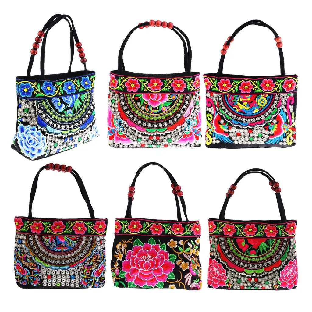 Retro กระเป๋าถือสตรี Double Faced ดอกไม้ Tote เย็บปักถักร้อยไหล่กระเป๋า 31x51 ซม