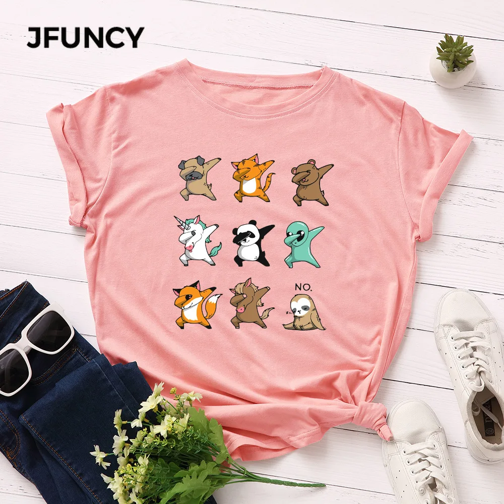 JFUNCY  100% Cotton Summer Tshirt Cartoon Animals Print Women T-Shirt Short Sleeve Woman Tee Tops Female T Shirt