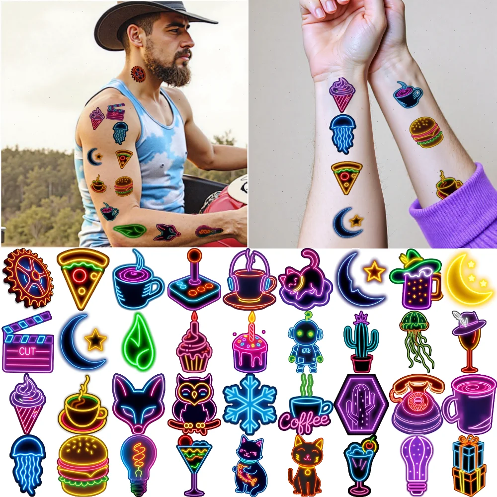 

63pcs Temporary Tattoo Colorful Stickers Neon Light Neon Stickers Temporary Tattoo Stickers For Arms