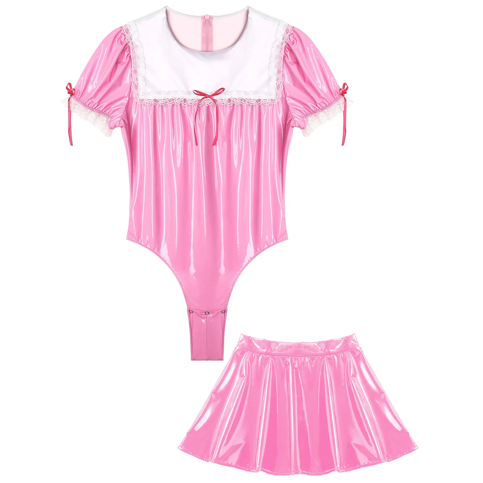 

Sexy Pink Men's Maid Cosplay Costume Wet Look Patent Leather Puff Sleeve Bodysuit with High Waist A-Line Flared Mini Skirts