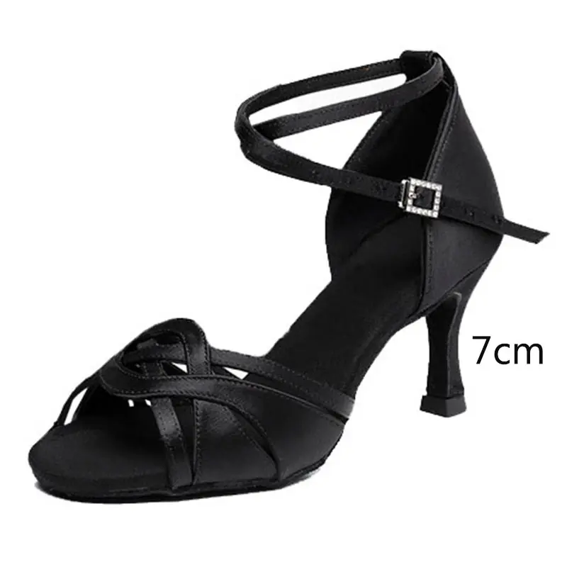 

Женские туфли для латиноамериканских танцев, сальсы и танго, мягкие бальные туфли с ремешком на щиколотке, черные, на каблуке 7 см, для выступлений и тренировок