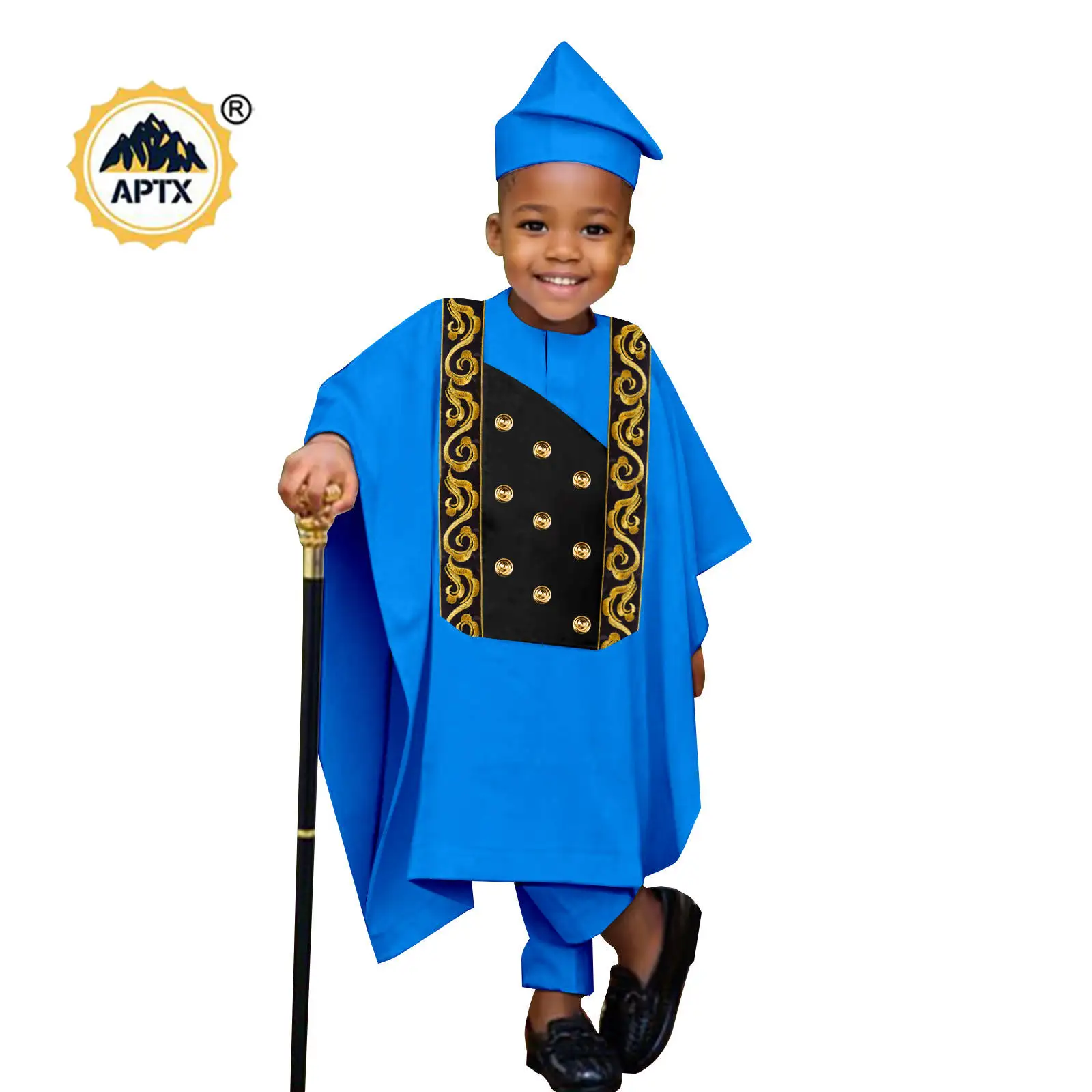 Africa Clothes for Boy Outfits Embroidery Button Robe Top and Pants Matching Hat Bazin Riche Children Kid Muslim Sets 2446044