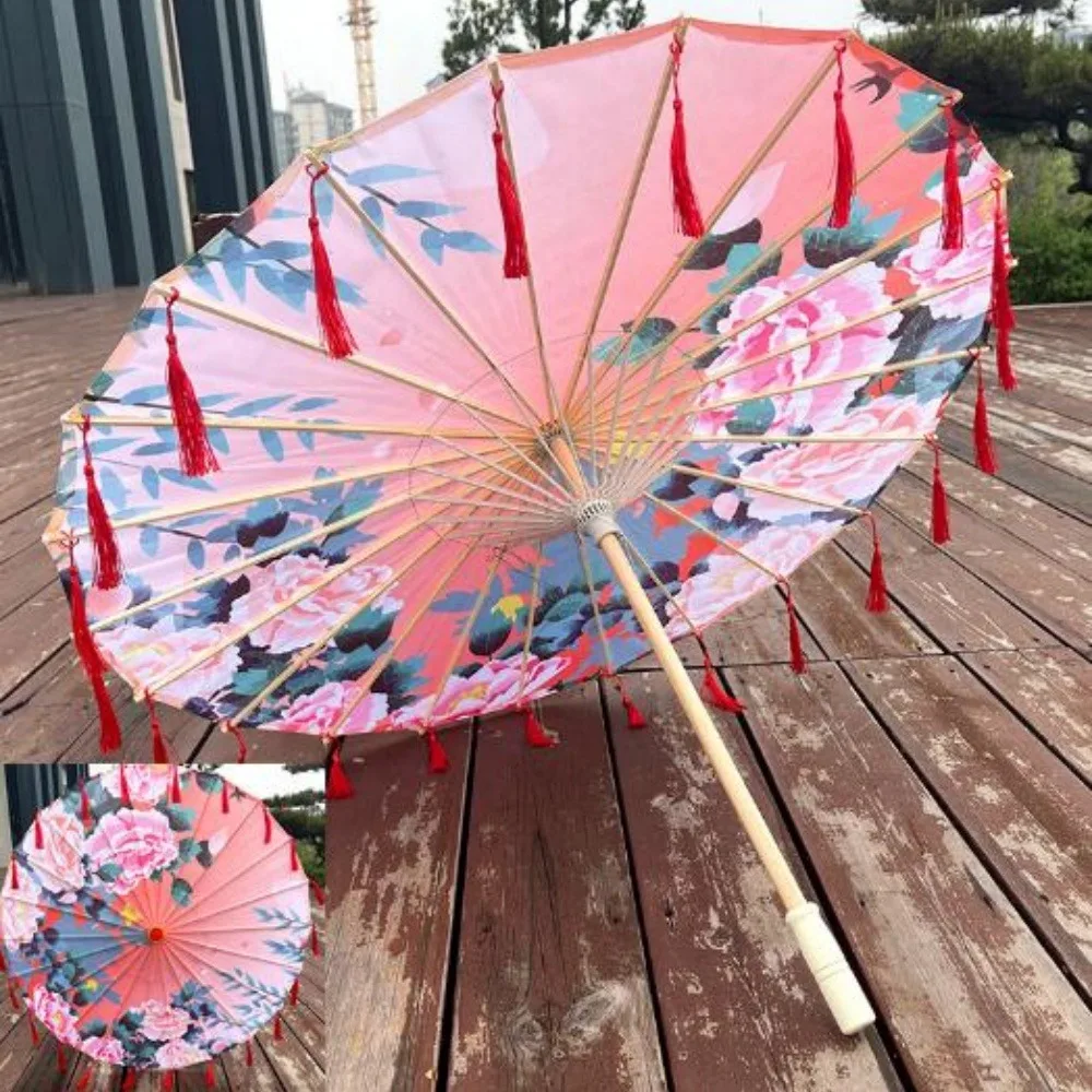 

56cm Umbrella Fan Chinese Antique Style Tassel Cosplay Hanfu Oil Paper Umbrella Silk Cloth 10 Colors