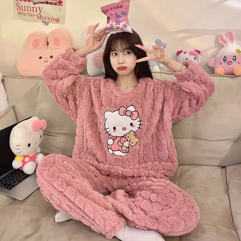 Kawaii Hello Kitty 2Pcs Plush Pajama Set Sanrioed Pochacco Cartoon Anime Winter Women Homewear Winter Thicken Girls Keep Warm