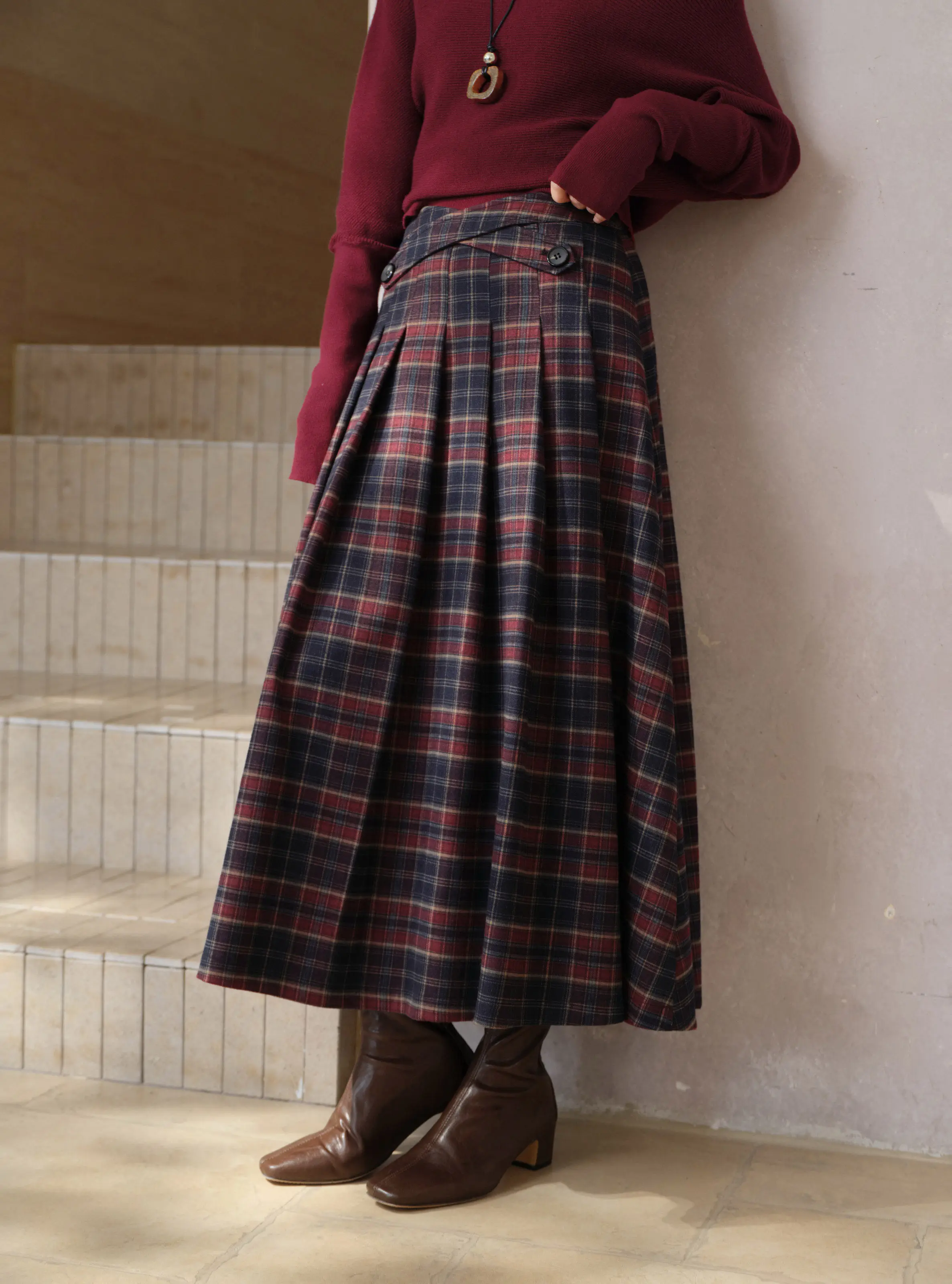 Vintage Plaid Pleated Long Skirt Women Lady High Waist A-Line Midi Skirt Preppy Elegant Winter Casual Daily Wear Style Outfit