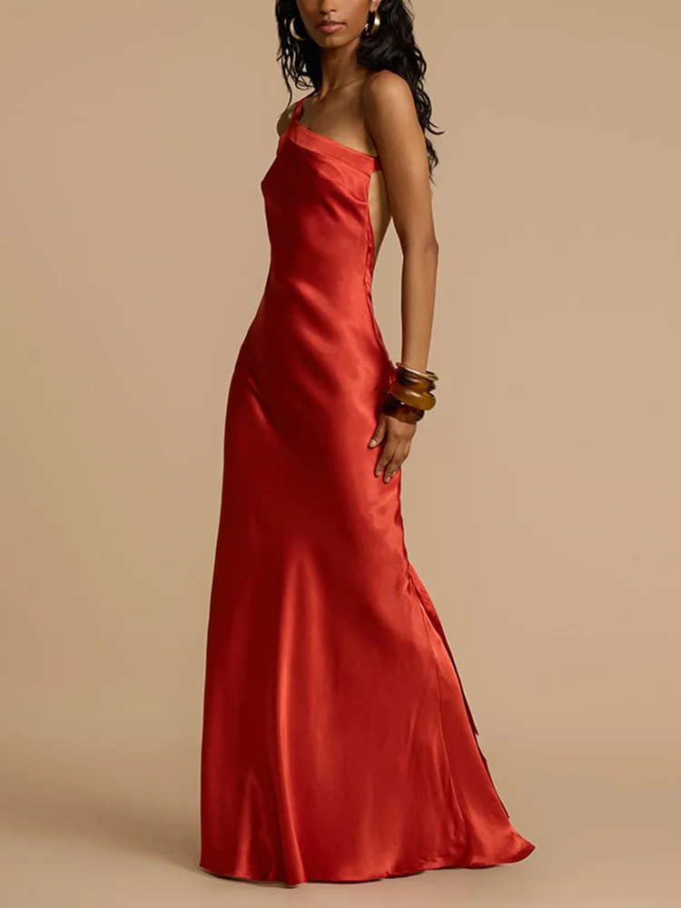 2024 Summer Women Solid Patchwork Maxi Dress, Loungewear Sleeveless Skew Collar Party Dress, New Backless Fashion Ladies Dress