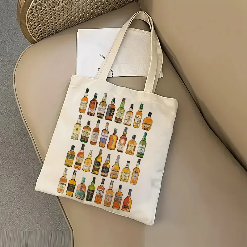 Bottles Wine Tote Bag Full Screen Whiskey Wine Water Pattern Canvas Casual Food Packaging Shopping Bag Storage Bag Good Gifts