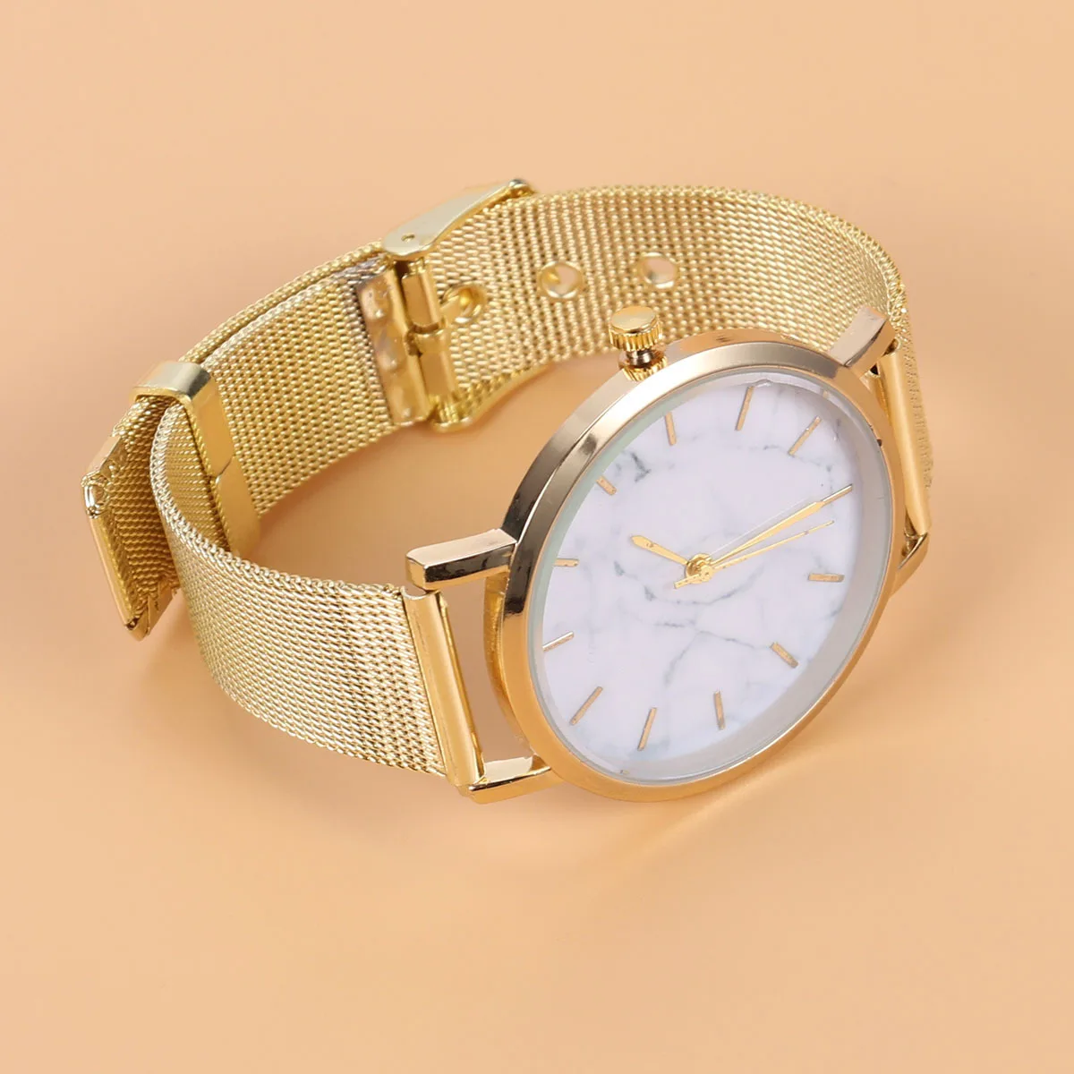 

Marble Dial Quartz Watch Golden Mesh Band Elegant Minimalist Fashion Wristwatch For Women Dress Casual Banquet Use