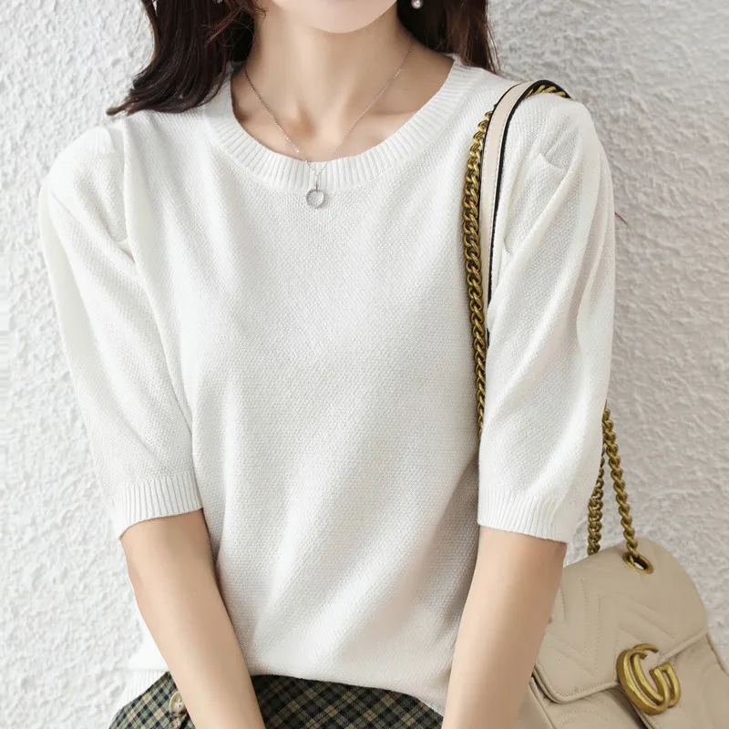 صيف جديد نصف كم المرأة المحكمة فقاعة كم جولة الرقبة الحرير الجليد تريكو قصيرة الأكمام تي شيرت