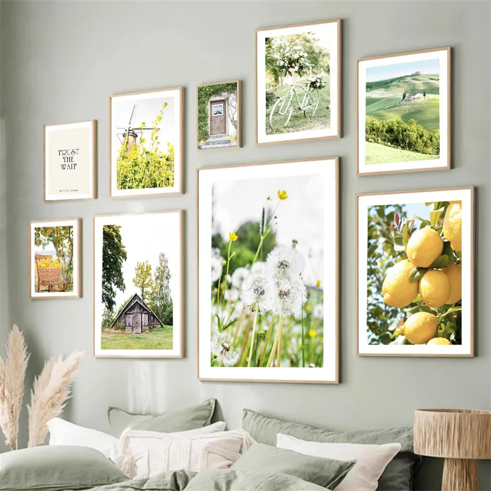 Spring Landscape Bike Windmill Lemon Canvas Poster Field Dandelion Flower Wall Art Print Painting Nordic Picture Home Decoration