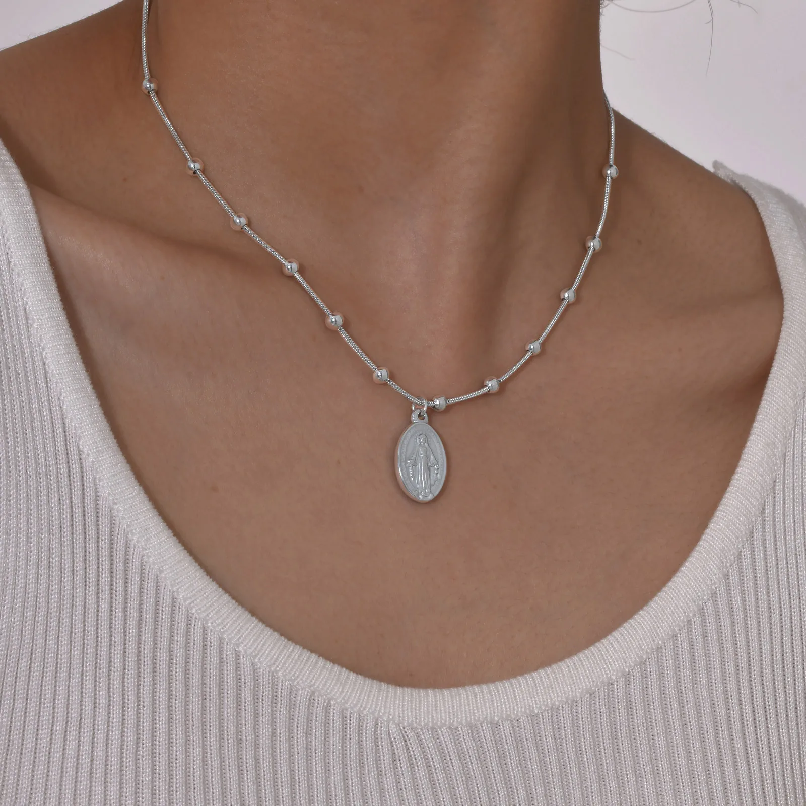 Vnox الخفيفة الفاخرة الوردية القلائد للنساء ، الفولاذ المقاوم للصدأ الخرز سلسلة مريم العذراء قلادة ، عبر الذيل الدين مجوهرات هدية #3