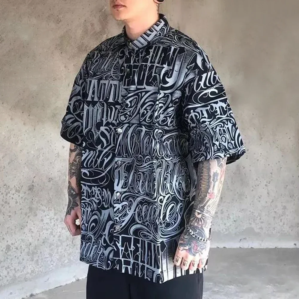 Mens Y2k Casual Shirt Loose Chicano Gangster Style Tattoo Floral Print Large Size Heavy Graffiti Hip Hop Shirt Summer 2024