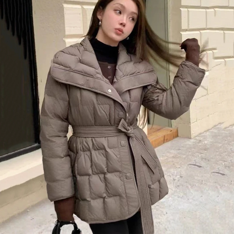 

Winter Large Lapel Mid Length Down Jacket Female Thick Warm Lace Up Jacket Women White Duck Down Big Pocket Loose Parker Outwear