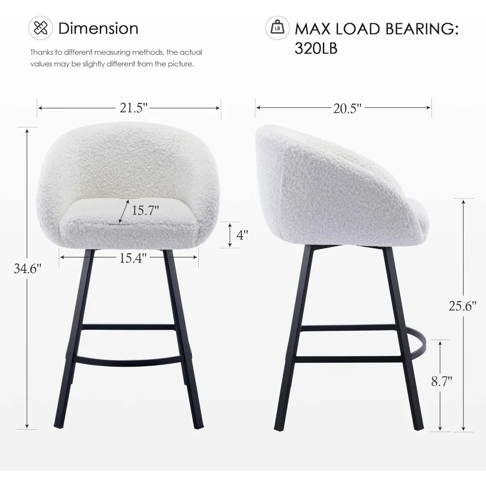 26\'\' Modern Counter Height Bar Stools Chairs Set of 2, 360 Free Swivel Barstools for Kitchen Counter, Upholstered Sherpa Counter