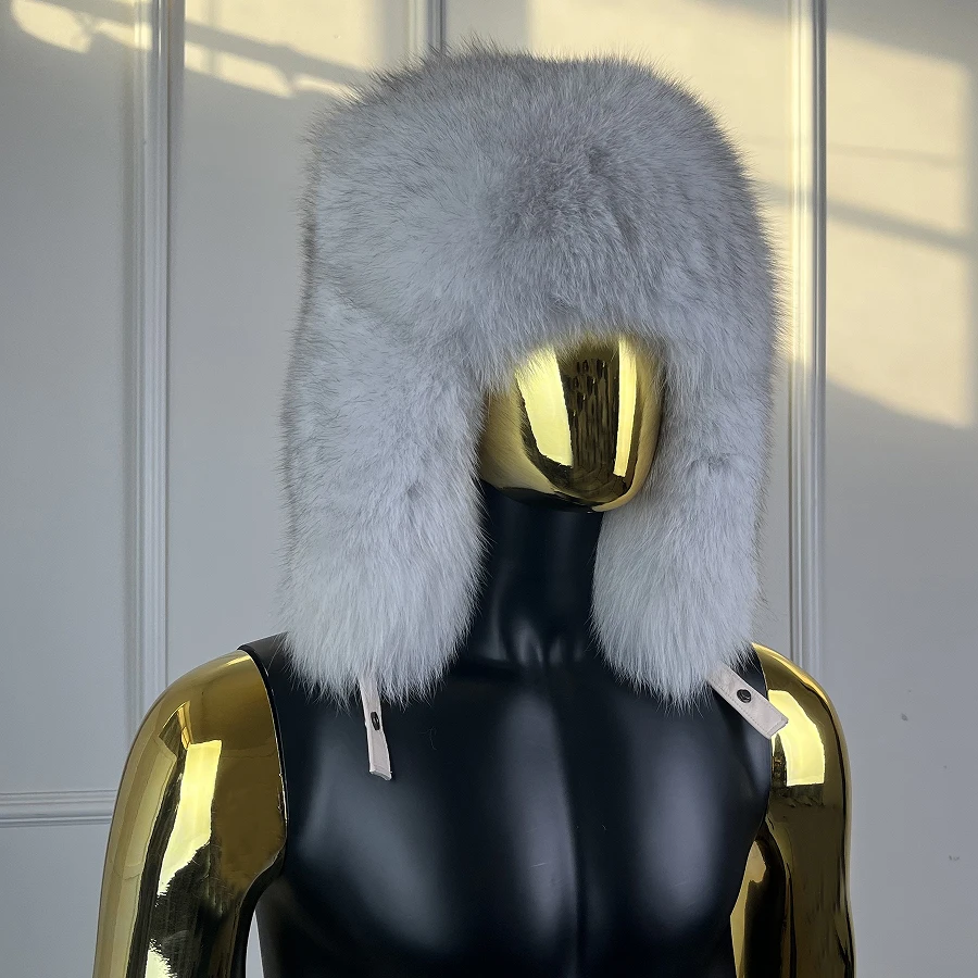 White Real Fox Fur Hat Winter Warm Fur Accessory Fluffy Bomber Hat Luxury Natural Fur Hat Unisex Winter Russian Stvle