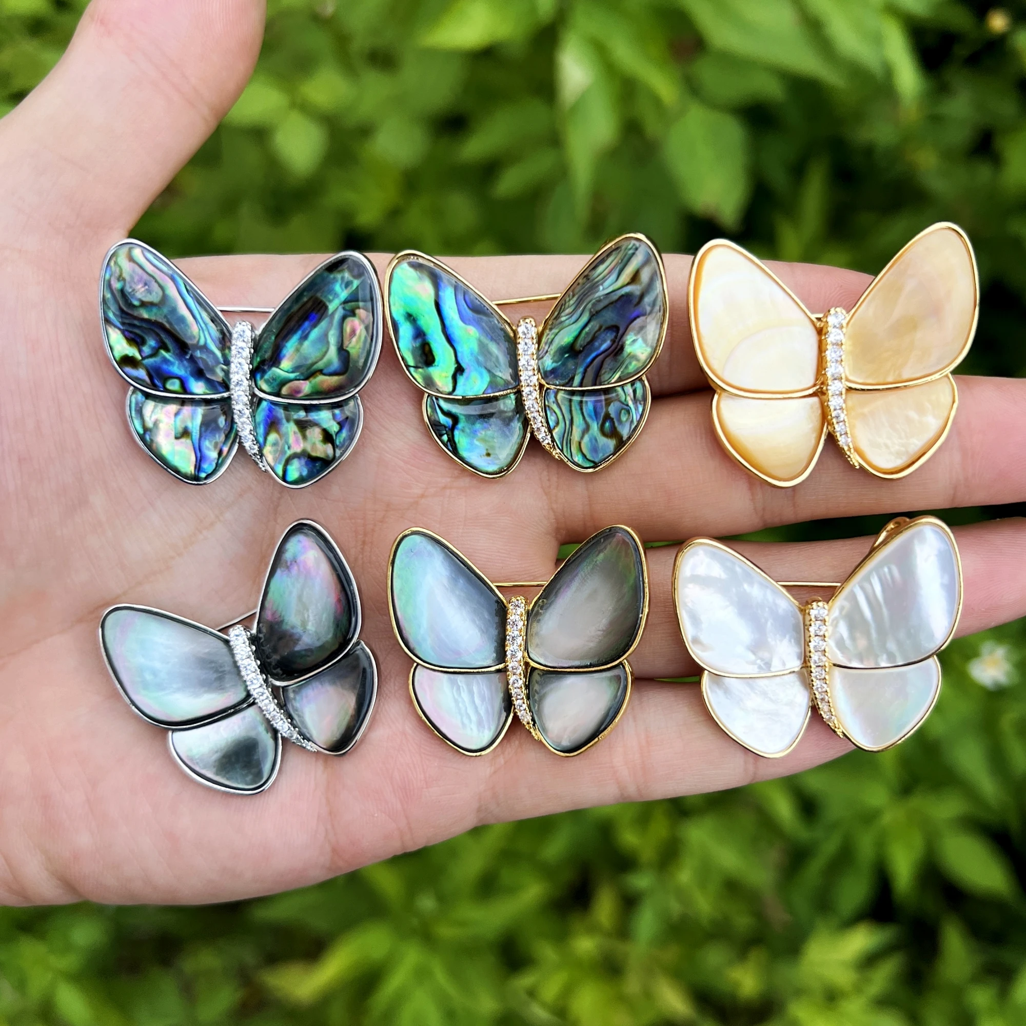 10PCS Wholesale Natural Abalone Shell Butterfly Brooches Pendant With CZ Paved For Women Fashion Luxury Jewelry