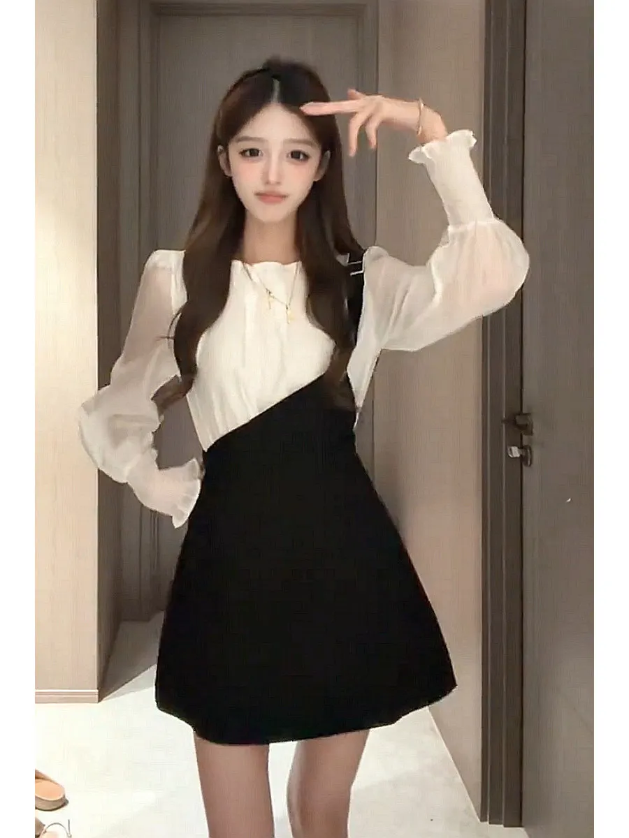 plus Size Retro Color Block Fake Two-Piece Dress Women's Autumn New Design Sensation Strap Short Skirt Korean Style Long Sleeve