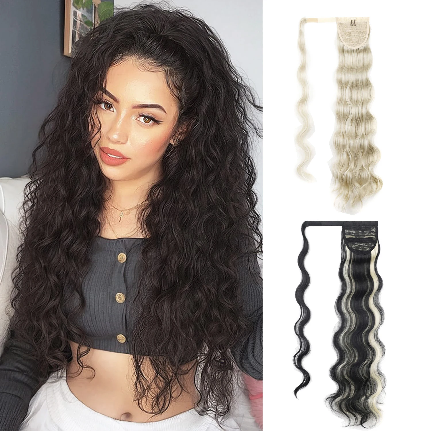 

Jeedou Ponytail Extension Long Body Wavy Hair Wrap-Around Ponytail Hairpiece Bohemian Style Synthetic Hair for Women Girls Daily