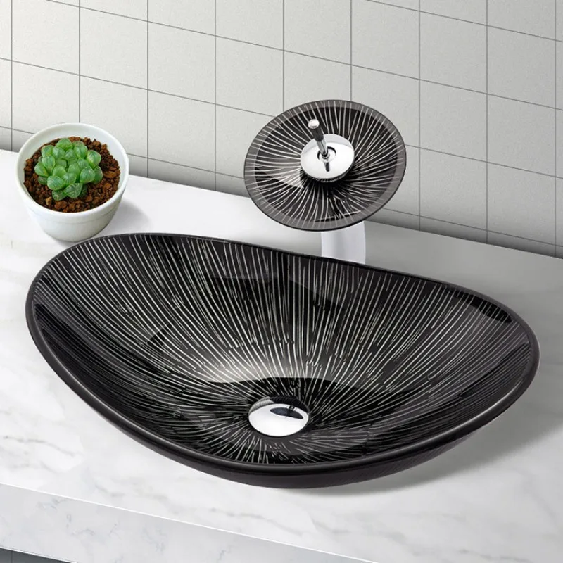 Sanitary Ware Round Square Bright Black Striped Tempered Glass Bathroom Sink Hotel Washroom Countertop Washbasin With Drain Sets