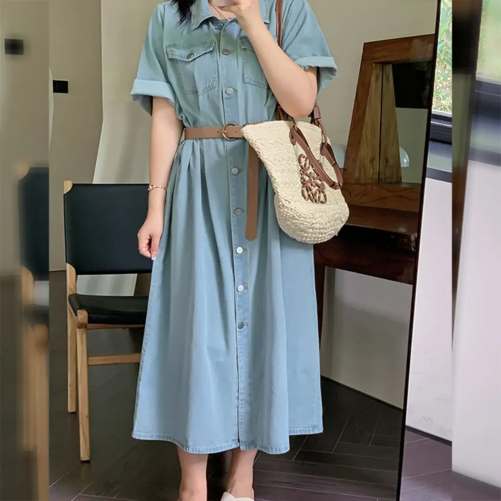 

Double-day Spring Large Size Women's Denim Belt Dress Single-breasted Tight Waist Chubby mmS032 New Fashion Wear