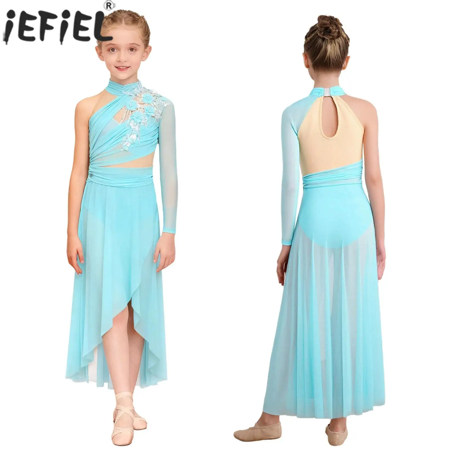 Children Girl One Shoulder Applique Split Sheer Mesh Modern Lyrical Dance Leotard Dress Figure Skating Gymnastics Ballet Costume