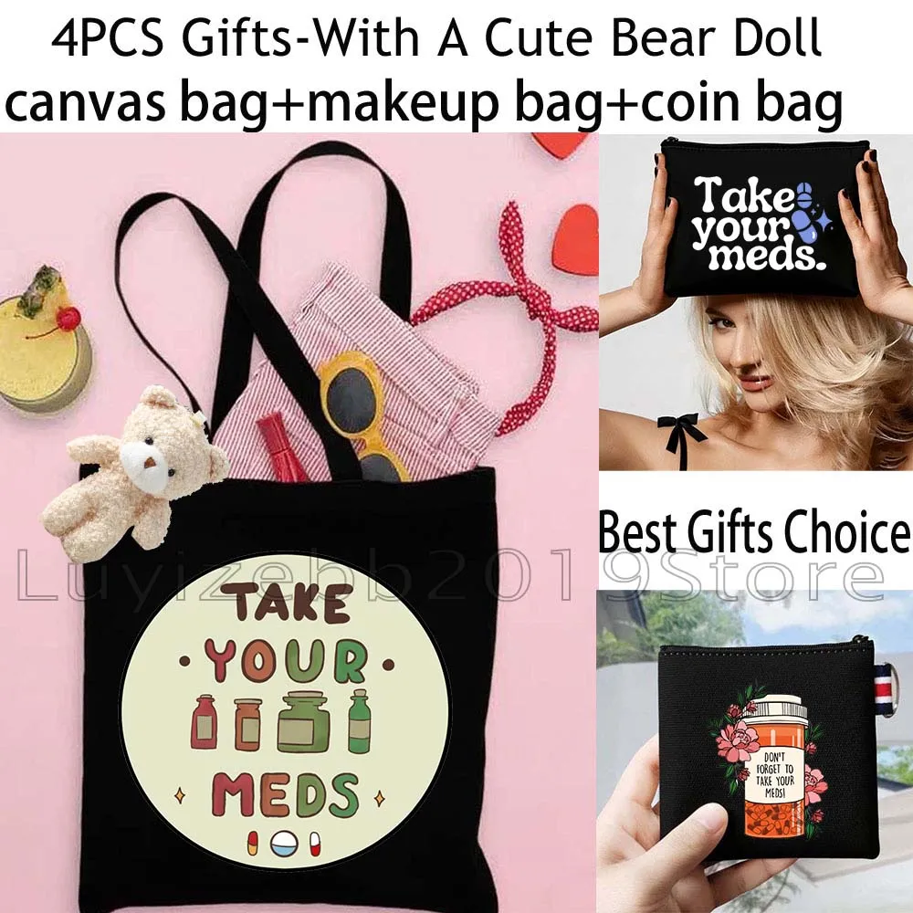 4PCS Gifts Black Funny All My Meds Medicine Shopper Canvas Tote Bag Handbag,Cosmetic Makeup Bag,Coin Purse Wallet Zipper Pouch