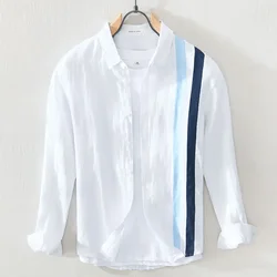 Camisa masculina de manga comprida com gola quadrada, arte solta de cânhamo de algodão emendado, moda lazer, elegante pendular, primavera e outono, 2022