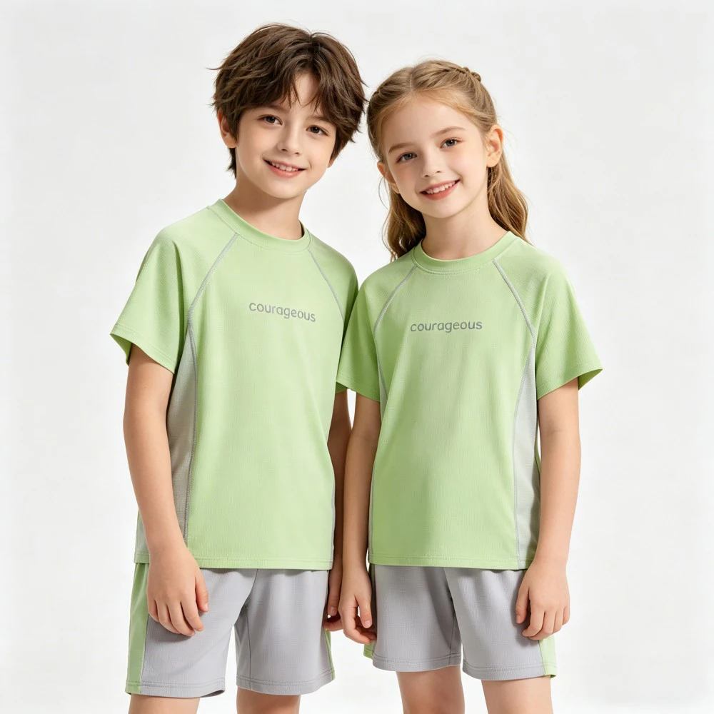 

Boys Girls Summer Running Training Tracksuit Casual Playwear Set Kids Cool Ice Silk 2PCS Sport Outfit T-Shirt and Shorts 3-16Y