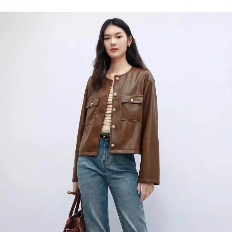 Maillard Brown Leather Jackets for Women 2024 Spring Exquisite Workplace Commuting Coats Round Neck Faux Leather Loose Clothes