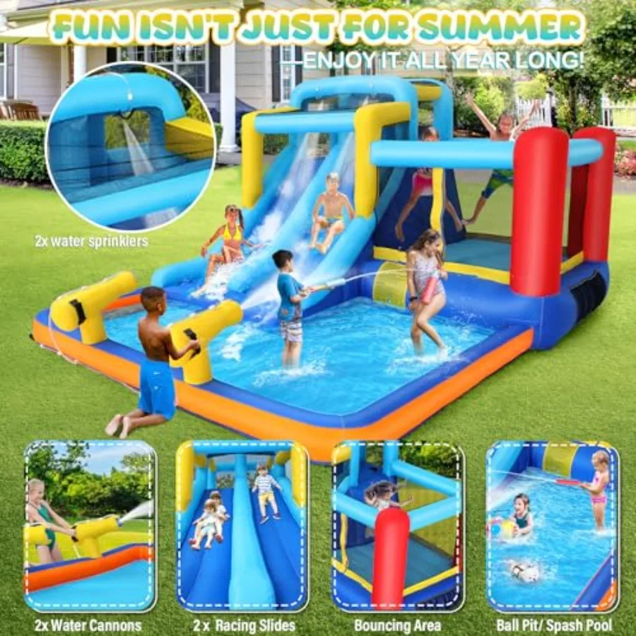 15x9.95Ft Bounce House Water Slide Park للأطفال 3-6، منزل نطاط منزلق مائي قابل للنفخ مع شريحة، حمام سباحة كبير، منطقة رافعة، أزرق