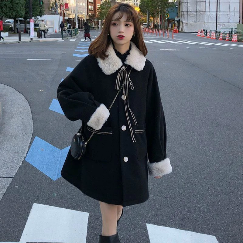 

Women's Winter New Fashion Sweet and Cute New 2024 Wool Blended Jacket Bowknot Fur Collar Warm Thickening Long Sleeve Women