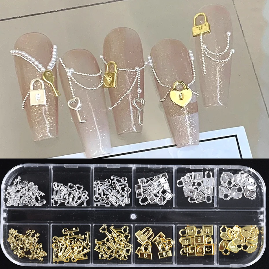 12 Grids Gold Silver Metal Lock Key Nail Decoration Parts Love Heart Charms Jewelry DIY Valentine's Manicure Accessories Flakes