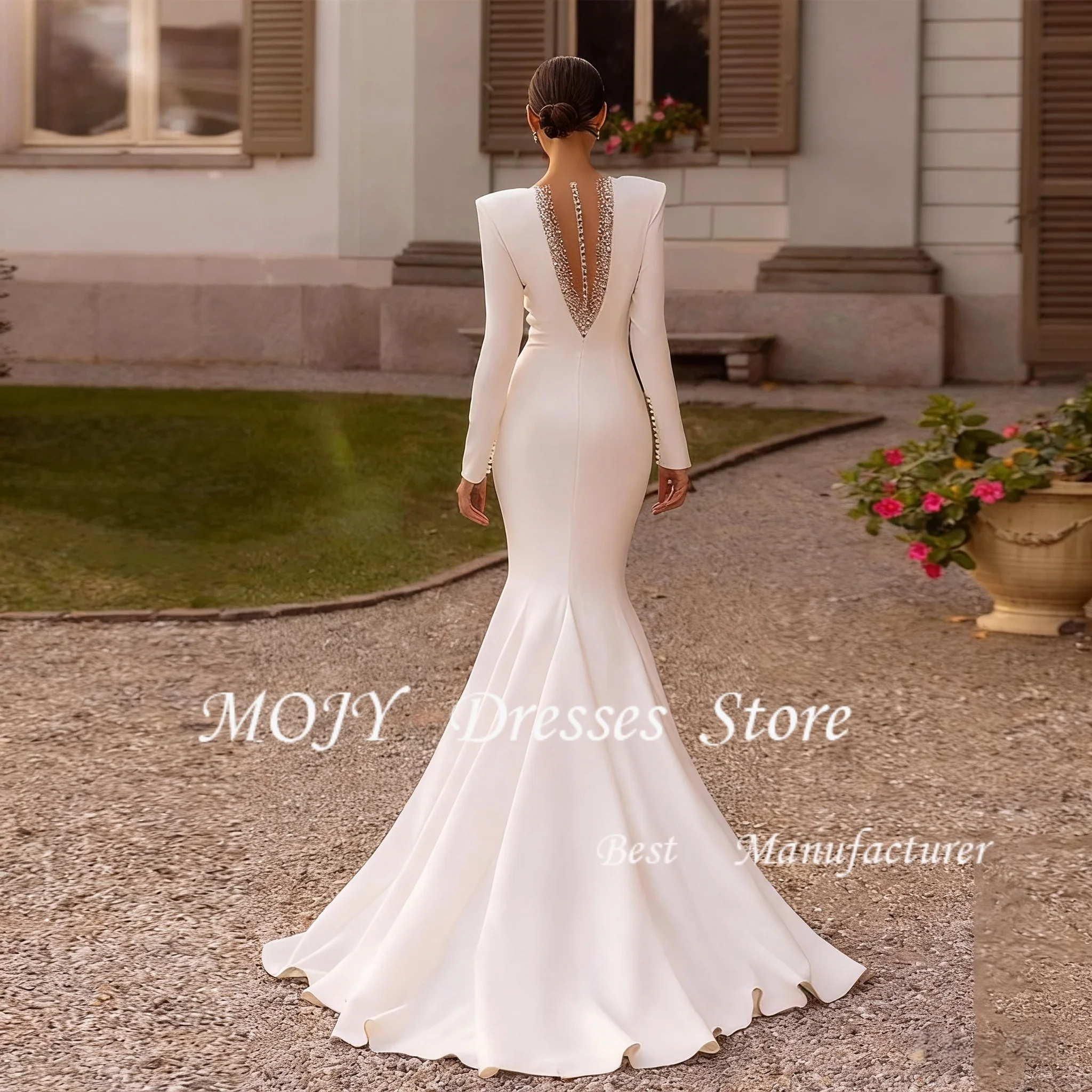 ชุดแต่งงานโมจี้แบบสั่งตัด ผ้าซาตินทรงเมอร์เมด ชุดเจ้าสาวแบบคลุมยาว คอวีลึก ชุดแต่งงานแบบยาวถึงพื้น