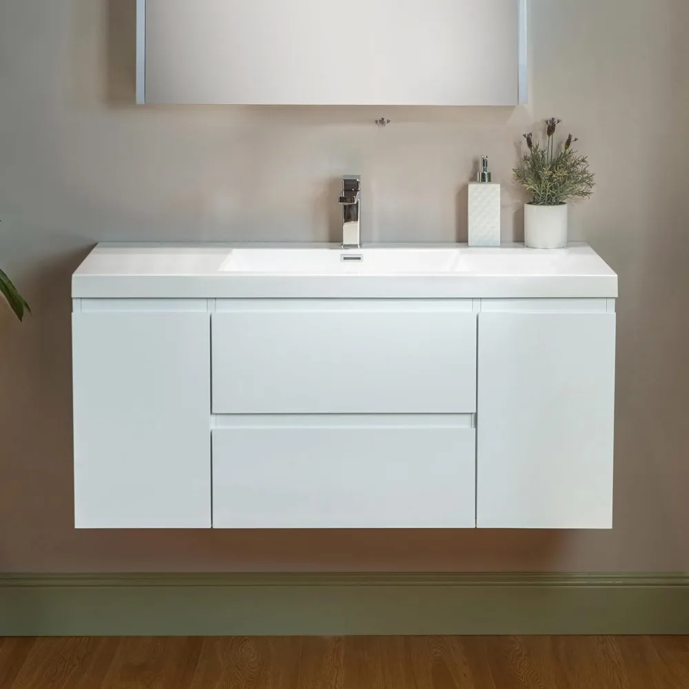 48 in W x 19 in D Wall Mounted Floating Vanity in Glossy White with Resin Composite Vanity Top in Glossy