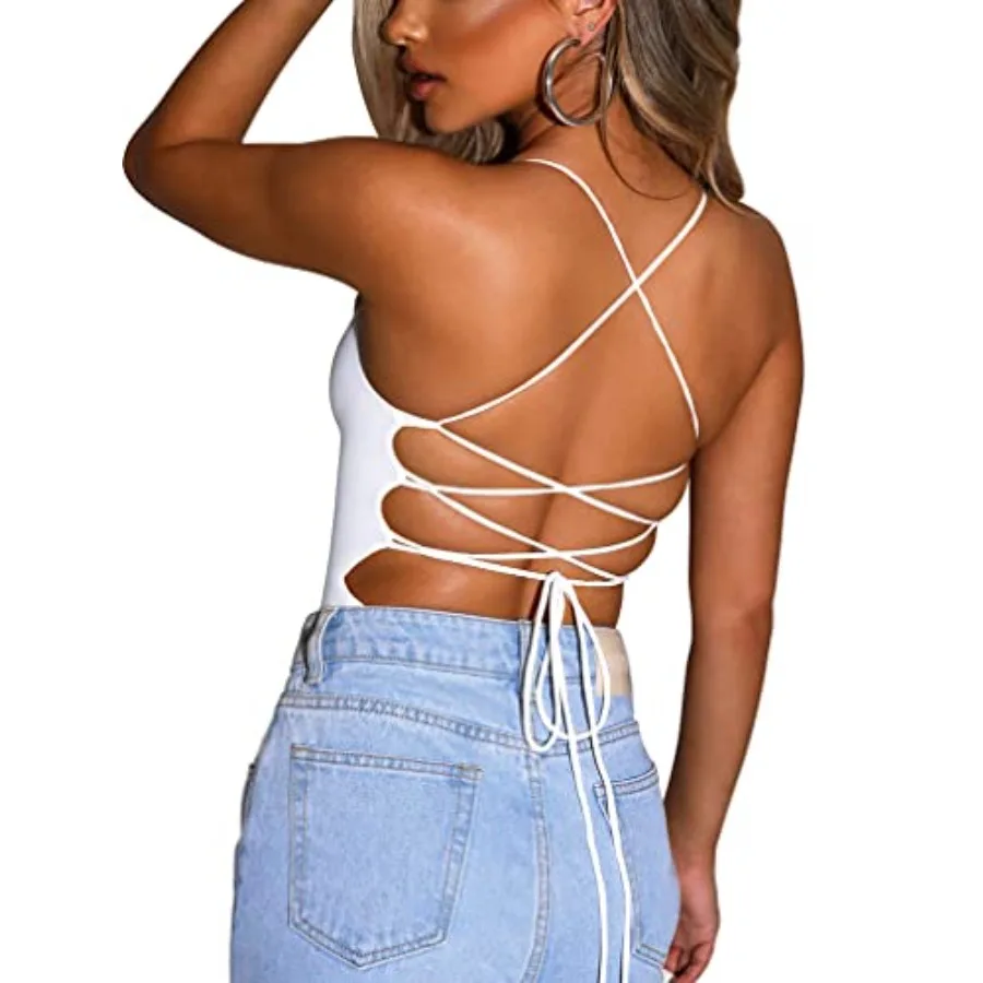 

YMDUCH Women's Sexy Sleeveless Criss Cross Backless Cami Bodycon Bodysuit Tops