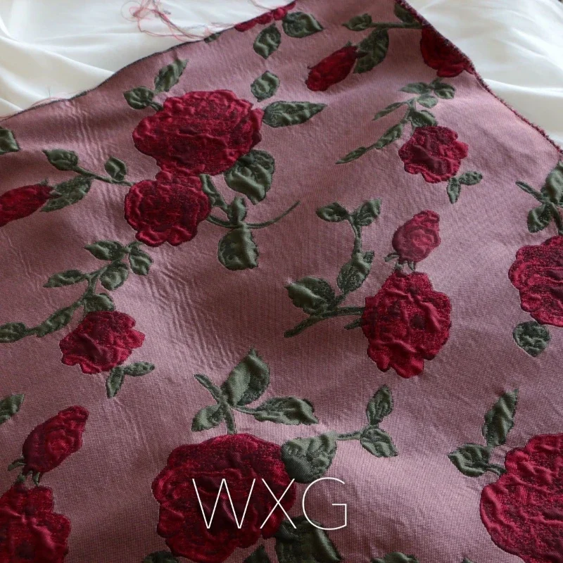 Jacquard Brocade Fabric Dark Red Rose Bag Dress Trench Coat Jacket Fashion Diy Sewing Wholesale Cloth Material by the Meter Soft