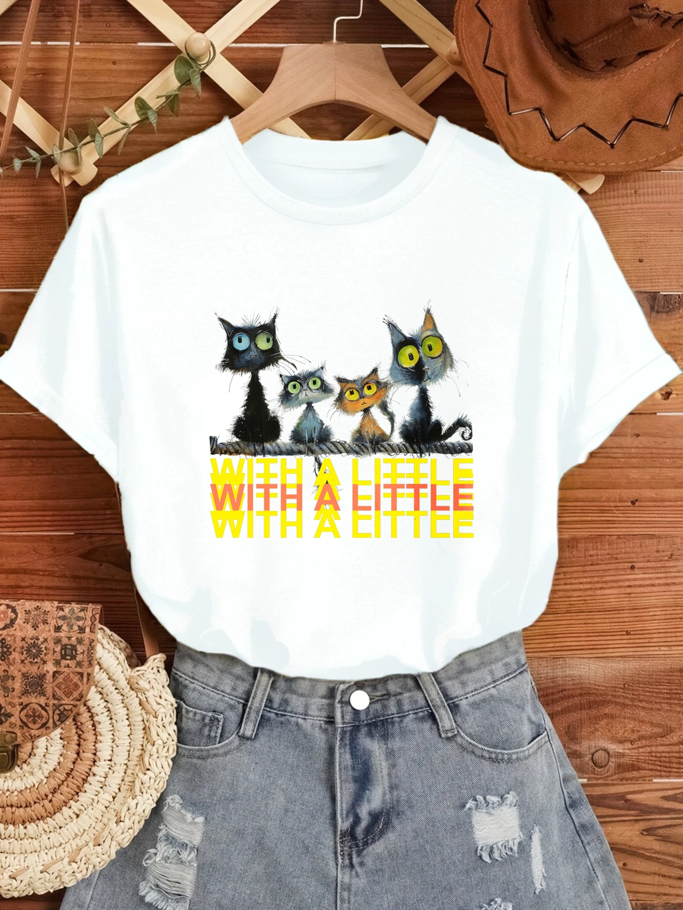 

Women's T-shirts Chinese style Casual Gym t-shirt Casual 100% cotton Cats With A Little printed tee shirts & blouses graphic t