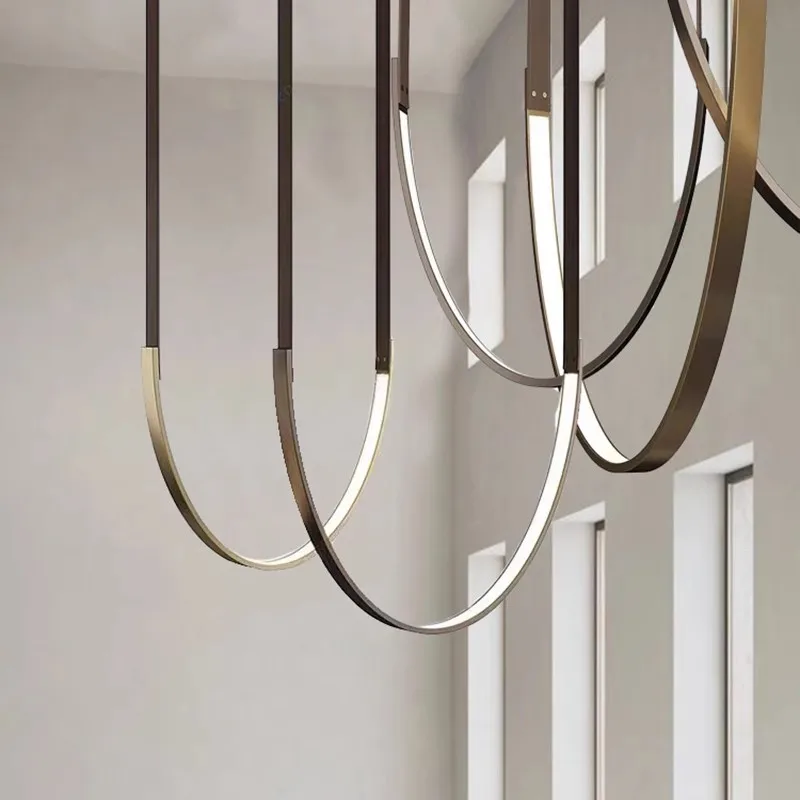 Modern Minimalist Line Chandelier Lamp U-Shaped LED Suspension for Living Dining Room Hotel Lobby Leather Designer Pendant Light