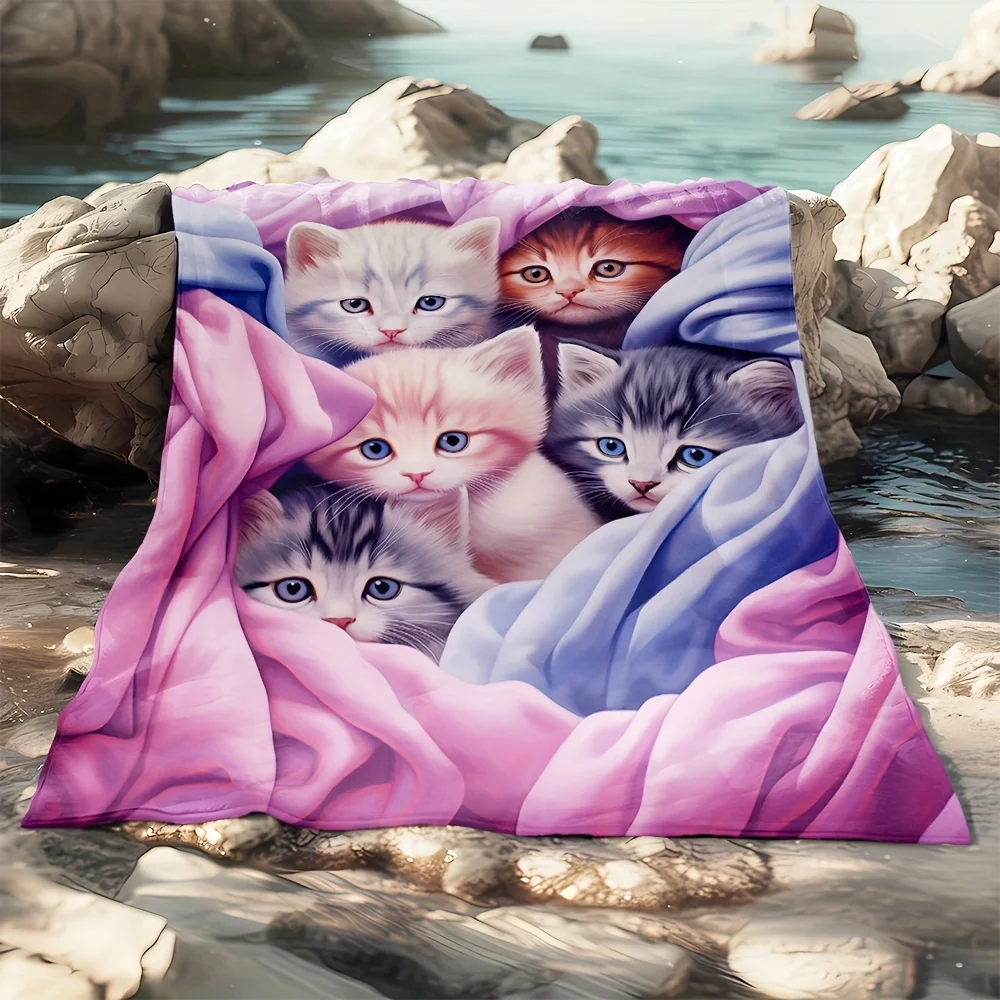 Cute Kittens Fleece Blanket Colorful Cat Print Throw Soft Cozy All Season Bedding Home Decor Gift for Cat Lovers