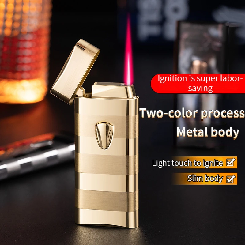 Newest Slim Double-plated Stripe Electronic Induction Lighter Metal Windproof Straight-through Inflatable Gift Cigarette Lighter