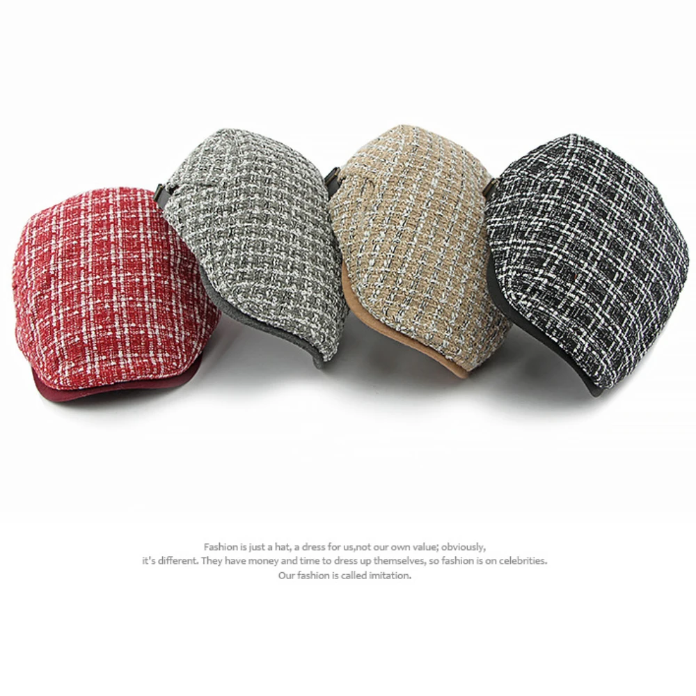 HT4324 Beret Autumn Winter Cap for Men Women Knitted Plaid Artist Painter Beret Hat Adjusted   Flat Cap Male Beret Cap