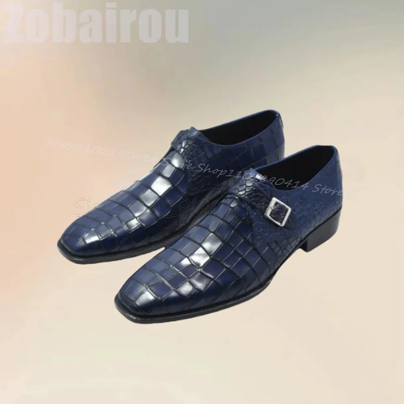 Navy Blue Crocodile Print Buckle Decor Loafers Fashion Slip On Men Shoes Luxurious Handmade Party Feast Office Men Dress Shoes