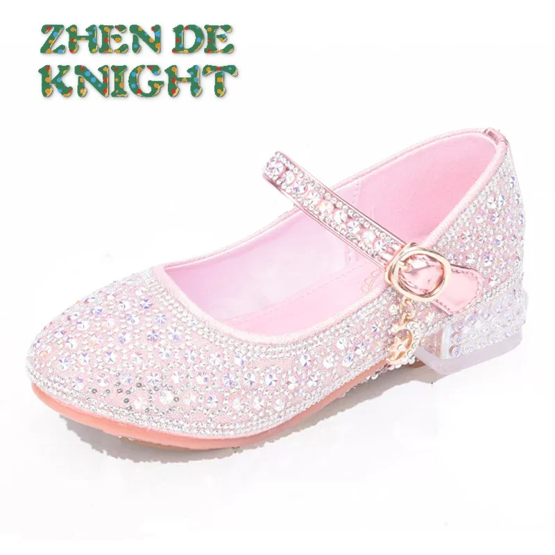 Children's Shoes Girls' High Heels Sequin Rhinestone Gold-plated Chains Princess Leather Shoes Kids Performance Shoes